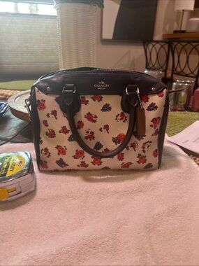 Coach Floral Canvas Satchel in Cream with Red & Navy Flowers